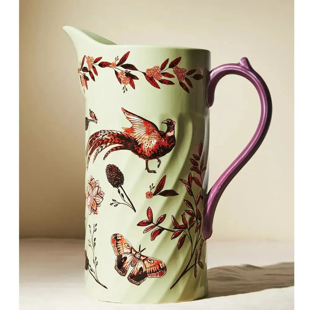Anthropologie Elin Pitcher Handpainted Stoneware Pheasant Floral 18.5